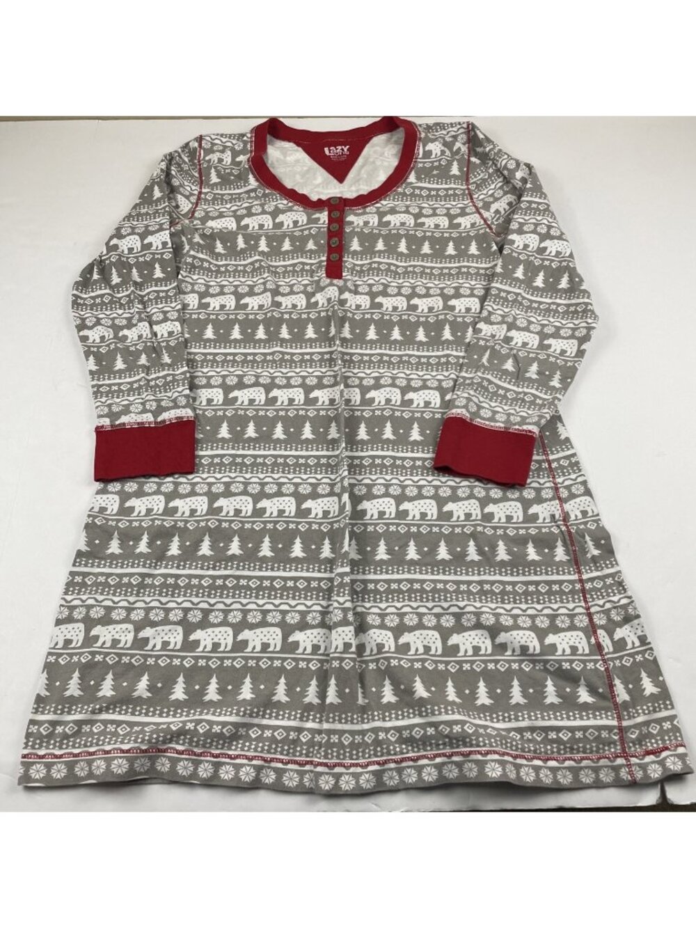 LazyOne Red Nordic Bear Print Nightshirt Small 100% Cotton Long Sleeve Pajama